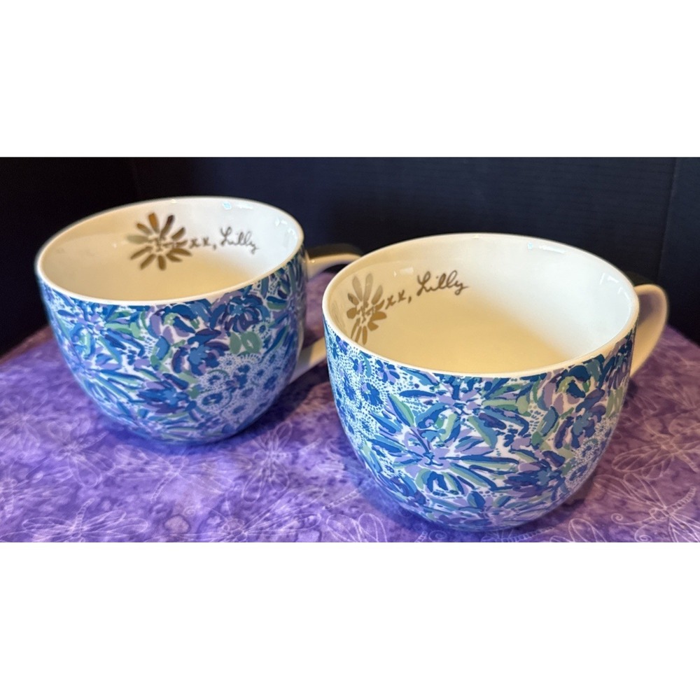 Lilly Pulitzer Mug Mugs 12 Oz Ceramic Blue Floral Coffee Tea Set Of‎ Two